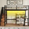 Hochbett mit RGB LED-Streifen, Schreibtisch, Treppe, Regal, Rausfallschutz, Lattenrost und USB, 140x200 cm, Kinderbett, Metallbett Bild 2