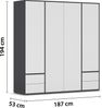 rauch Kleiderschrank Nabila, Drehtürenschrank, Garderobenschrank, 4-türig, 4 Schubkästen, mit 1 Kleiderstange und 5 Einlegeböden, Farbe Weiß/Grau metallic, Schwarz, mit Push-to-Open Funktion, 187x194x53cm Bild 4