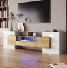 Stilvoller TV-Schrank 200 cm in Hochglanzweiß mit LED-Beleuchtung und großzügigem Stauraum, 200x35x60cm, Hochglanzweiß+Holzfarbe Bild 2