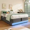Futonbett mit LED-Beleuchtung, Aufbewahrung und Mehrfachsteckdose, 90x200 cm, Einzelbett ohne Kopfteil, Leinen Bild 4