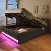 Futonbett mit LED-Beleuchtung, Aufbewahrung und Mehrfachsteckdose, 90x200 cm, Einzelbett ohne Kopfteil, Leinen Bild 2