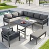 Handgeflochtenes L-Form Garten-Sofa für bis zu 8 Personen / Robuster Eisengestell mit grauen Polstern / Inkl, 1 Tisch mit Marmor-Glasplatte und 2 Sesseln / Wetterfeste Terrassen-Garnitur Bild 2