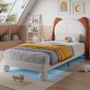 Kinder Polsterbett 90x200 mit Katzenohren & LED-Licht - Einzelbett Kunstleder,farbige Lichtleiste, beige+gelbbraun,Kuschelbett, LED-Bett Bild 4