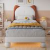 Kinder Polsterbett 90x200 mit Katzenohren & LED-Licht - Einzelbett Kunstleder,farbige Lichtleiste, beige+gelbbraun,Kuschelbett, LED-Bett Bild 3