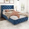 Polsterbett 90*200cm mit Lattenrost und Kopfteil, Knopfpolsterung, Nietenpolsterung, Holzbeine, Samt, Blau Bild 4