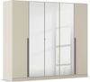 rauch Kleiderschrank Alba, Drehtürenschrank, Garderobenschrank, 5-türig, mit Spiegel, mit 4 Kleiderstangen, 5 Einlegeböden und Schubladeneinsatz, Farbe Champagner, Beige, Griffstange Grau metallic, Schwarz, 226x197x54cm Bild 3