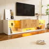 TV-Schrank 160x40x42cm Weiß/Naturholz mit LED-Beleuchtung, 2 Schubladen & Glasablage – Fernsehmöbel Bild 4