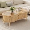 Erbsenförmiger Couchtisch mit Rillenoptik, 2 Schiebetüren, Wohnzimmertisch, Holzoptik, Massivholzbeine, MDF-Material Bild 3