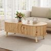 Erbsenförmiger Couchtisch mit Rillenoptik, 2 Schiebetüren, Wohnzimmertisch, Holzoptik, Massivholzbeine, MDF-Material Bild 2