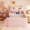 Merax Kinderbett, 90 x 200 cm, Kinder-Polsterbett mit Bären-Kopfteil, Nachtlicht, USB-Ladeanschluss, integriertem Stauraum und Stufensitz – sicher und praktisch, Rosa Bild 2