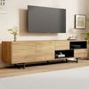 TV-Schrank in natürlicher Holzfarbton, 2 Türen, 2 schwarze offene Ablagefächer, 2 diagonale Schubladen, Holzmaserung Bild 5