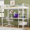 Hochbett Metall mit Schreibtisch, Regal, LED & USB-Anschluss, 90x200 cm, Weiß, ohne Matratze Bild 4