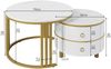Couchtisch-Set 70x70x46 + 50x50x40 cm, MDF mit Marmormuster und Hochglanzplatte, 2 runde Tische mit Schubladen, Gold und Weiß Bild 4