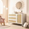 Merax 120cm Kommode Schrank mit Rattan & Goldgriffen, Landhausstil Weiß mit 3 Schubladen & 1 Türschrank, Höhenverstellbare Regale & Kippsicherung Bild 3