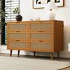 Kommode mit 6 Schubladen in Walnuss, Retro-Design mit Rattan & Metallgriffen, 120x40x76,5 cm Bild 3