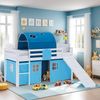 Hochbett Kinder 90x200 cm mit Rutsche Kinderbett Kinderhochbett Stockbett Vorhang Tunnel Blau Holz Massiv Bild 2
