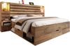 Holzbett Doppelbett 160×200cm Eichenoptik mit LED-Downlights, integrierter USB & Type-C Ladestation, beleuchtete Nische, schwebende Nachttische, Unterbett-Schubladen Stauraum, stabiler Metallrahmen ohne Matratze Bild 1