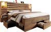 Holzbett Doppelbett 160×200cm Eichenoptik mit LED-Downlights, integrierter USB & Type-C Ladestation, beleuchtete Nische, schwebende Nachttische, Unterbett-Schubladen Stauraum, stabiler Metallrahmen ohne Matratze Bild 2