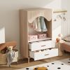 Kinderkleiderschrank, Kleiderschrank mit Kleiderstange, mit Schubladen, offener Kleiderschrank, Vollholzgriffen, aus Spanplatte, weiß+natürliches Holz, 80×46×141,5cm Bild 2