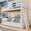 Massivholz Etagenbett 90x200cm Weiß Kinderbett für Jungen & Mädchen mit ausziehbarem Rollbett, 3 Staubschubladen, Sicherheitsleiter, ohne Matratze Bild 3