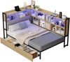 Merax Einzelbett, Polsterbett, Daybett, Schlafsofa, 90x200cm, mit LED-Beleuchtung, USB&Typec-Ladestation, Tagesbett, Jugendbett mit 2 Schubladen und Lattenrost aus Metall, Kopfteil mit Stauraum, naturfarbe Bild 3
