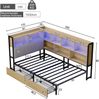 Merax Einzelbett, Polsterbett, Daybett, Schlafsofa, 90x200cm, mit LED-Beleuchtung, USB&Typec-Ladestation, Tagesbett, Jugendbett mit 2 Schubladen und Lattenrost aus Metall, Kopfteil mit Stauraum, naturfarbe Bild 4