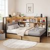 Merax Einzelbett, Polsterbett, Daybett, Schlafsofa, 90x200cm, mit LED-Beleuchtung, USB&Typec-Ladestation, Tagesbett, Jugendbett mit 2 Schubladen und Lattenrost aus Metall, Kopfteil mit Stauraum, naturfarbe Bild 2
