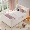 Kinderbett 90 x 200cm, Polsterbett, Einzelbett, mit Schutzgeländer, mit Nachtlicht und USB-Ladeanschluss und Ablagefächern, Bettbeine aus Massivholz, samt, beige Bild 3