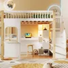 Hochbett mit Schreibtisch und LED-Beleuchtung (140x200 cm, USB, Steckdosen und Regal) Kinderbett mit Rausfallschutz, Kiefer Bild 2