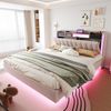 Polsterbett, Leinenstoff mit LED & USB-Anschluss, 160x200 cm, Beige, ohne Matratze Bild 2