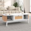 Merax Couchtisch - Rattan-Kaffeetisch, Schubladen mit Rattan und Schiebetüren mit Massivholzlatten, Massivholzbeine, Weiß Bild 2