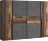 Forte NARAGO Kleiderschrank 270, rustikaler Dreh-/Schwebetürenschrank, 4-türig, geräumig, Holzwerkstoff, Old Wood Vintage Holzdekor / Betonoptik Grau, 270,3 cm breit x 210,5 cm hoch x 61,2 cm tief Bild 3