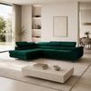 Goldstoff Ecksofa mit Schlaffunktion - Designersofa, Sofa mit Bettfunktion & Bettkasten, Schlafsofa RIVIA, multifunktionale Couch mit verstellbaren Kopfstützen in dunkelgrün Bild 2