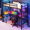Hochbett, 90 x 200 cm, Eisenrahmen, mit farbwechselnder LED-Lichtleiste, mit Schreibtisch, 1 USB-Anschluss + 1 Typ-C-Anschluss und 2 Steckdosen, mit Lochwand, ohne Matratze, schwarz Bild 2