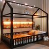 Merax Kinderbett 90x200cm Jugendbett Hausförmiges Plattformbett mit Zaun und LED-Beleuchtung, Schwarz Bild 5