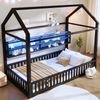 Merax Kinderbett 90x200cm Jugendbett Hausförmiges Plattformbett mit Zaun und LED-Beleuchtung, Schwarz Bild 2