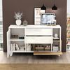 Sideboard, 130x40x70 cm, weißes Hochglanz Sideboard mit Holzoptik, grifflos, 2 Schubladen & Klapptür Bild 3