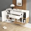 Sideboard, 130x40x70 cm, weißes Hochglanz Sideboard mit Holzoptik, grifflos, 2 Schubladen & Klapptür Bild 4