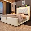 Polsterbett 90×200 cm mit LED, USB-C und hydraulischem Bettkasten, Samt Beige, inkl. Matratze Bild 2