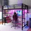 Hochbett mit Schreibtisch und LED-Beleuchtung, 90x200 cm, Schubladen, Kleiderstange, Mehrfachsteckdose und Rausfallschutz, Metallbett, Jugendbett Bild 2