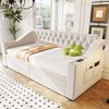 Polsterbett Schlafsofa Einzelbett, breite dicke Armlehnen USB-Ladeanschluss integrierte Ablage Ablagetaschen Aufbewahrungsschublade, Samtstoff, Beige, 90 x 190 cm Bild 2