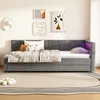 Schlafsofa mit LED-Beleuchtung und Gästebett, Polsterbett mit Lattenrost, Regal und Mehrfachsteckdose, 90x200 cm, Einzelbett, Leinen Bild 3