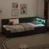 Schlafsofa mit LED-Beleuchtung und Gästebett, Polsterbett mit Lattenrost, Regal und Mehrfachsteckdose, 90x200 cm, Einzelbett, Leinen Bild 2