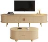 MODFU Wohnzimmer-Set TV-Schrank & Couchtisch Set, (ovale Kombination in Originalholzfarbe, Fernsehtisch, TV-Ständer, 1-St, zentrale Doppelschublade, natürliche Textur), mit Beidseitig geschwungene, vertikal geprägte Schiebetür Bild 5