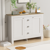 Merax Warmweißer Holz-Sideboard mit 2 Türen und 3 Schubladen – Mit Silbernen Griffen, Verstellbarem Regal und Soft-Close-Scharnieren – 116 cm Lang x 35 cm Breit x 81 cm Hoch Bild 2