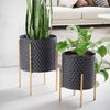 Blumentopf 2er Set Metall Pflanzkübel Schwarz / Gold mit Füßen, Design Pflanzenkübel Rund Indoor, Blumenkübel Pflanzgefäß mit Waben-Muster in 3D Bild 2