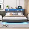 Polsterbett 160x200 cm mit USB-Steckdose und LED-Licht, wendbares Kopfteil, verdecktes Fußteil, Doppelflachbett, Jugendbett, Erwachsenenbett, Leinenstoff grau Bild 2