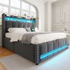 Polsterbett 140*200cm mit LED-Beleuchtung und USB-Steckdose, Kopfteil mit Einlegeböden und Stauraum, Mit Hydraulik für die Lagerung, Erwachsenenbett Doppelt, Leinenstoff Grau Bild 3