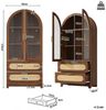 Flieks Vitrine Glasvitrine mit Montmartre-Bogen in Retro-Design Walnussholzfarbe (Mehrzweckschrank mit verstellbaren Einlegeböden, 1-St, H175xB80xT40cm) Hochschrank mit Glastüren und Rattan-Schubladen Bücherregal Holzoptik Bild 4