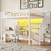 Merax 140x200cm Hochbett, Kinderbettmit Treppe, integriertem Schreibtisch, Staufächern, USB-Ladestation und LED-Licht, Weiß Bild 2